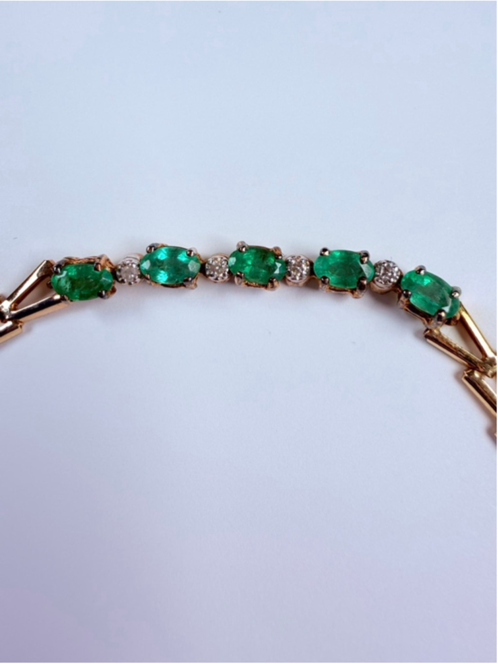 14K Solid Yellow Gold Emerald & Diamond VTG Chevron Arrow Link Tennis Bracelet - Picture 3 of 12